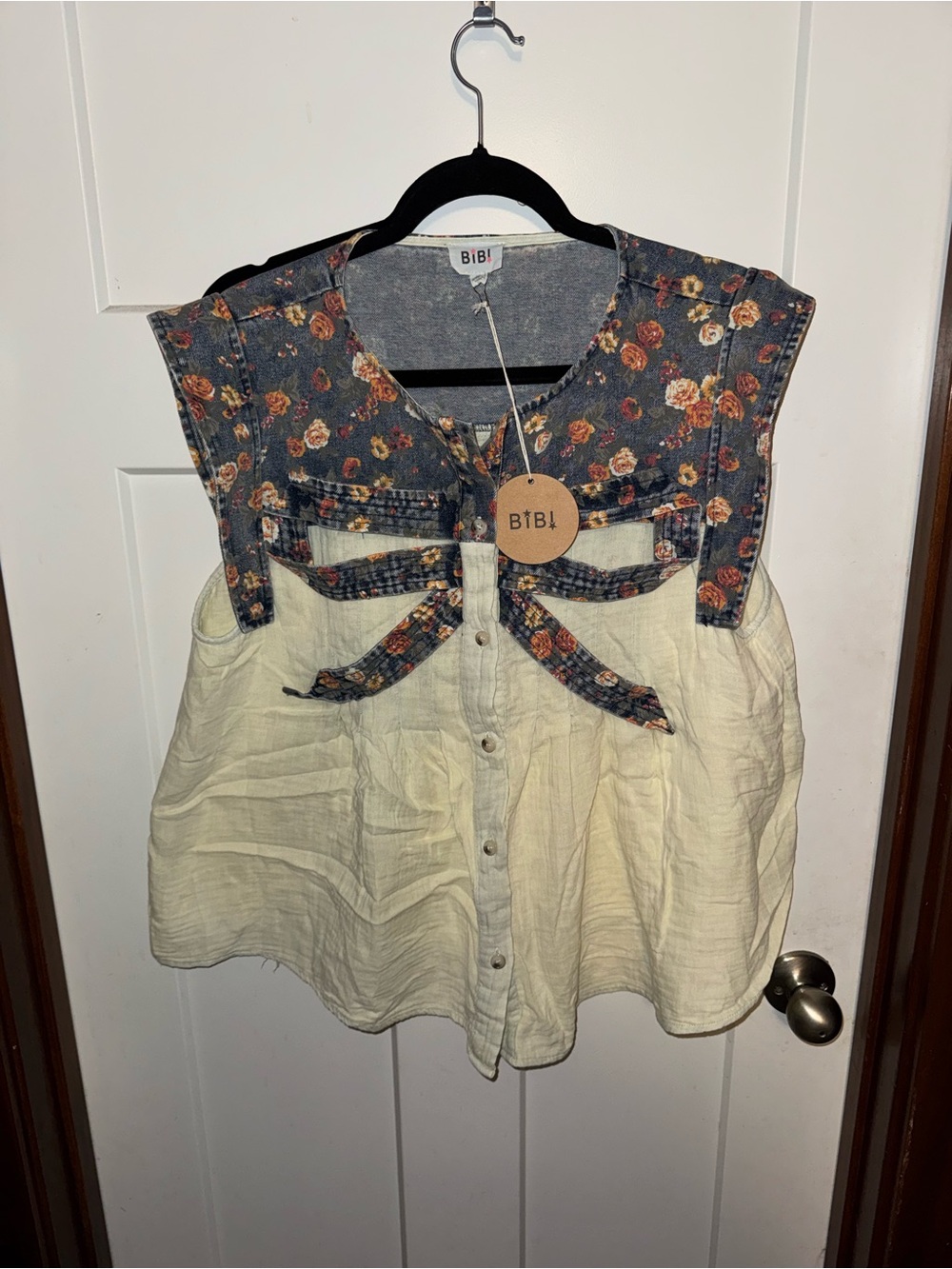 BiBi Cream Gauze Tank Top with Floral Denim Yoke